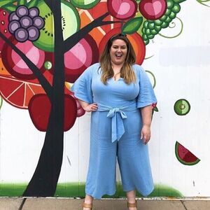 Maree Pour Toi Linen Crepe Stretch Cropped Half Sleeve Belted Blue Jumpsuit 18‎